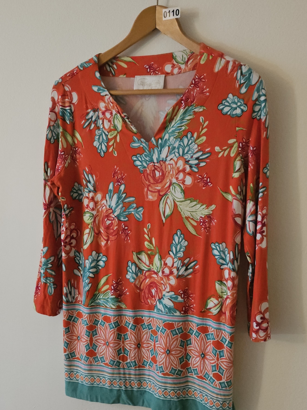 Pappagallo Coral Floral V-Neck Tunic with Teal Accents